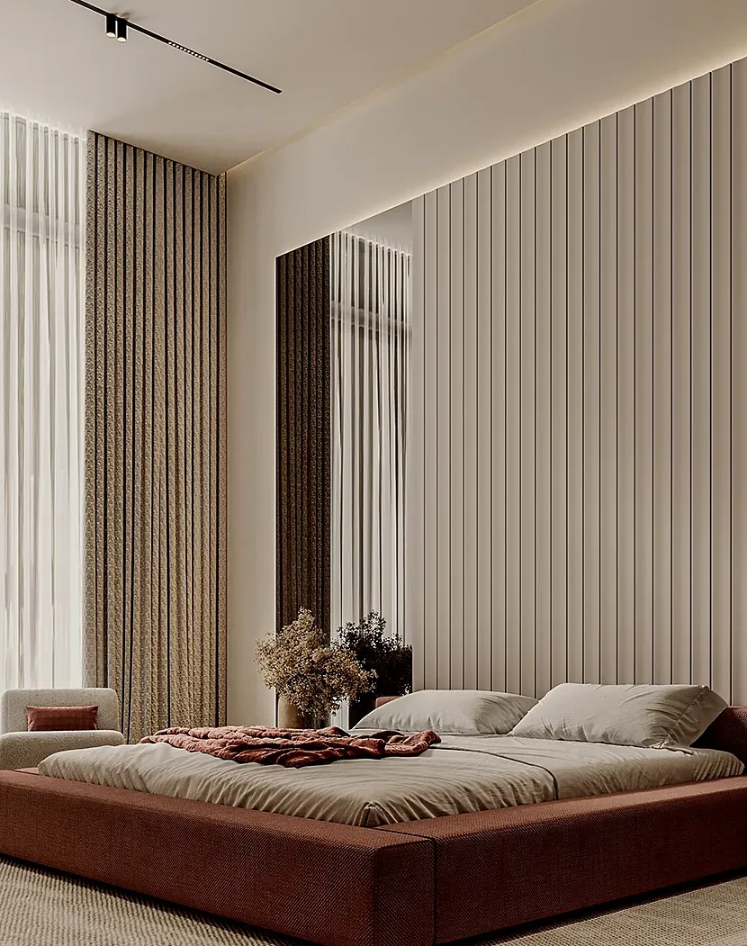 Master bedroom with fluted wall panels, Doha
