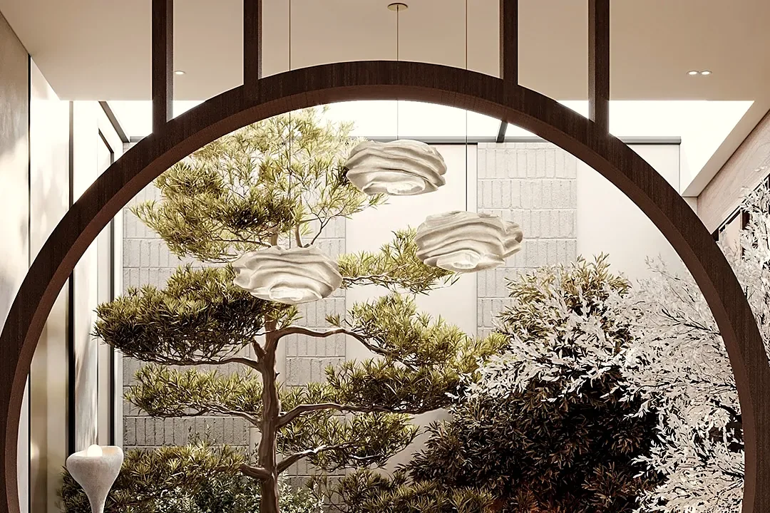 Round timber arch framing an indoor garden
