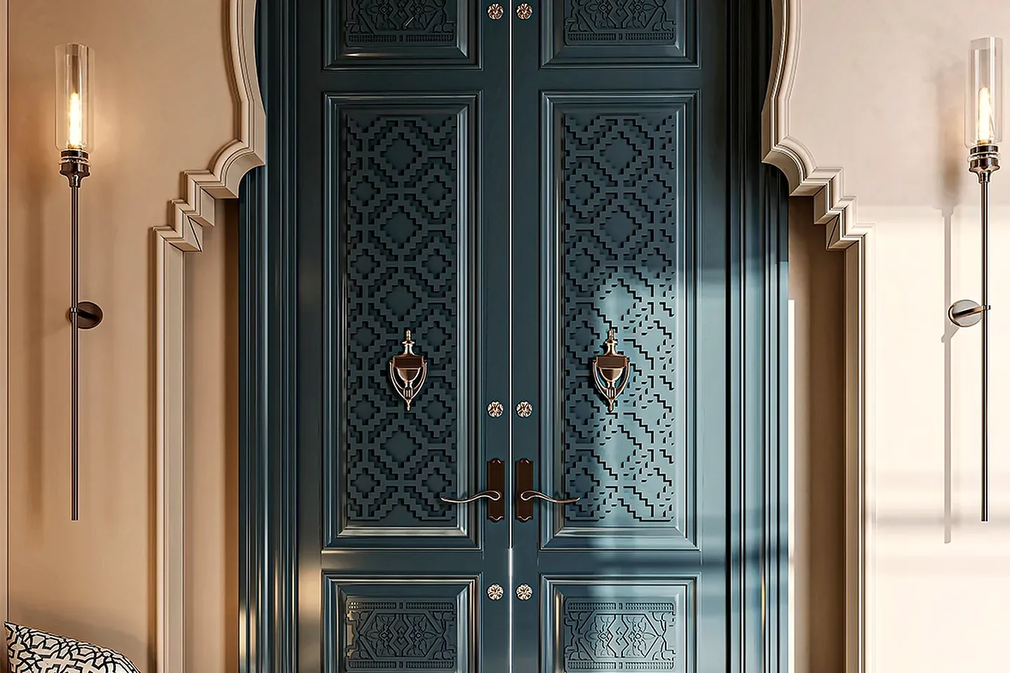 Carved blue double door in a pointed arch