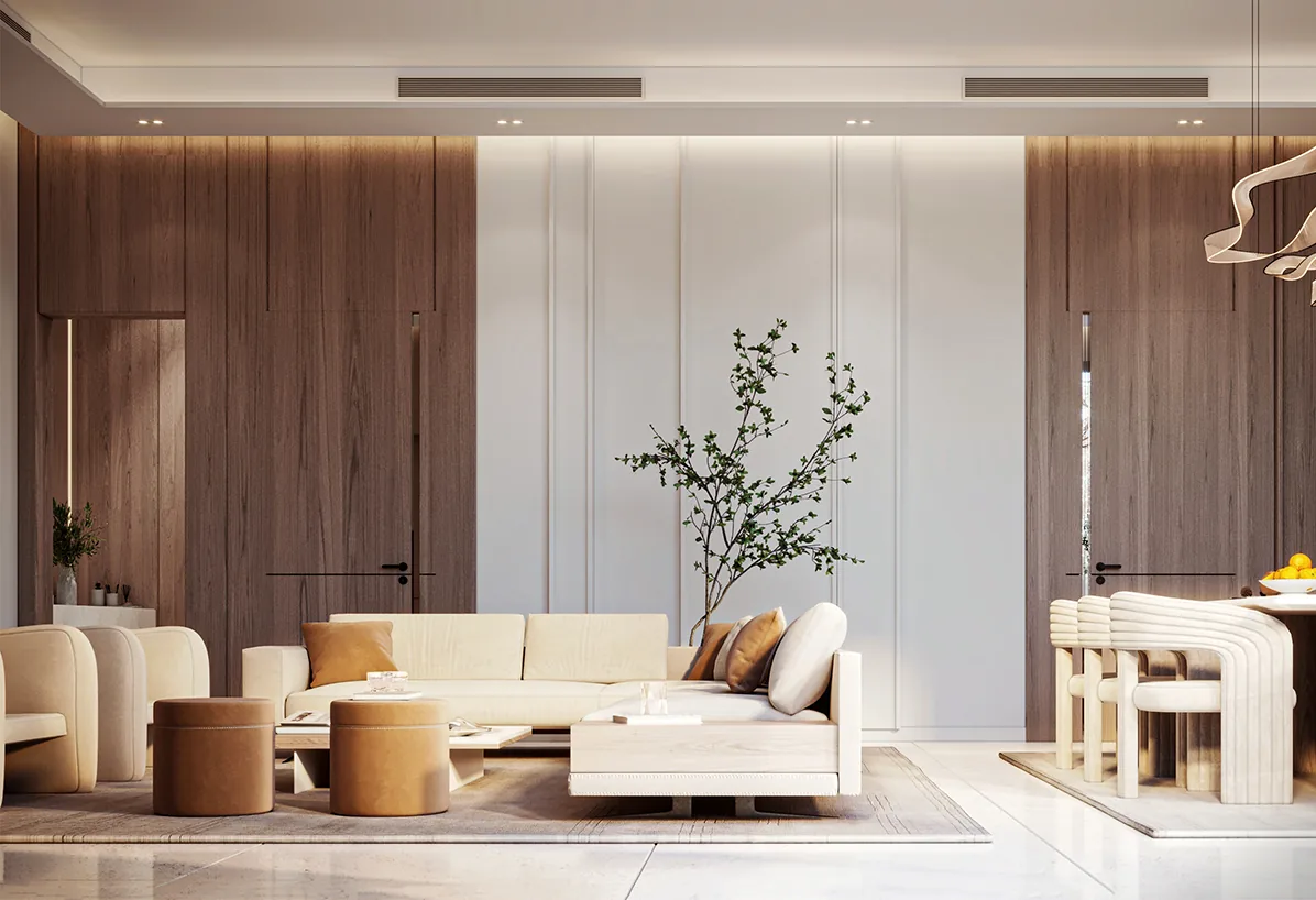 Living and dining room with walnut panels and a ribbon chandelier