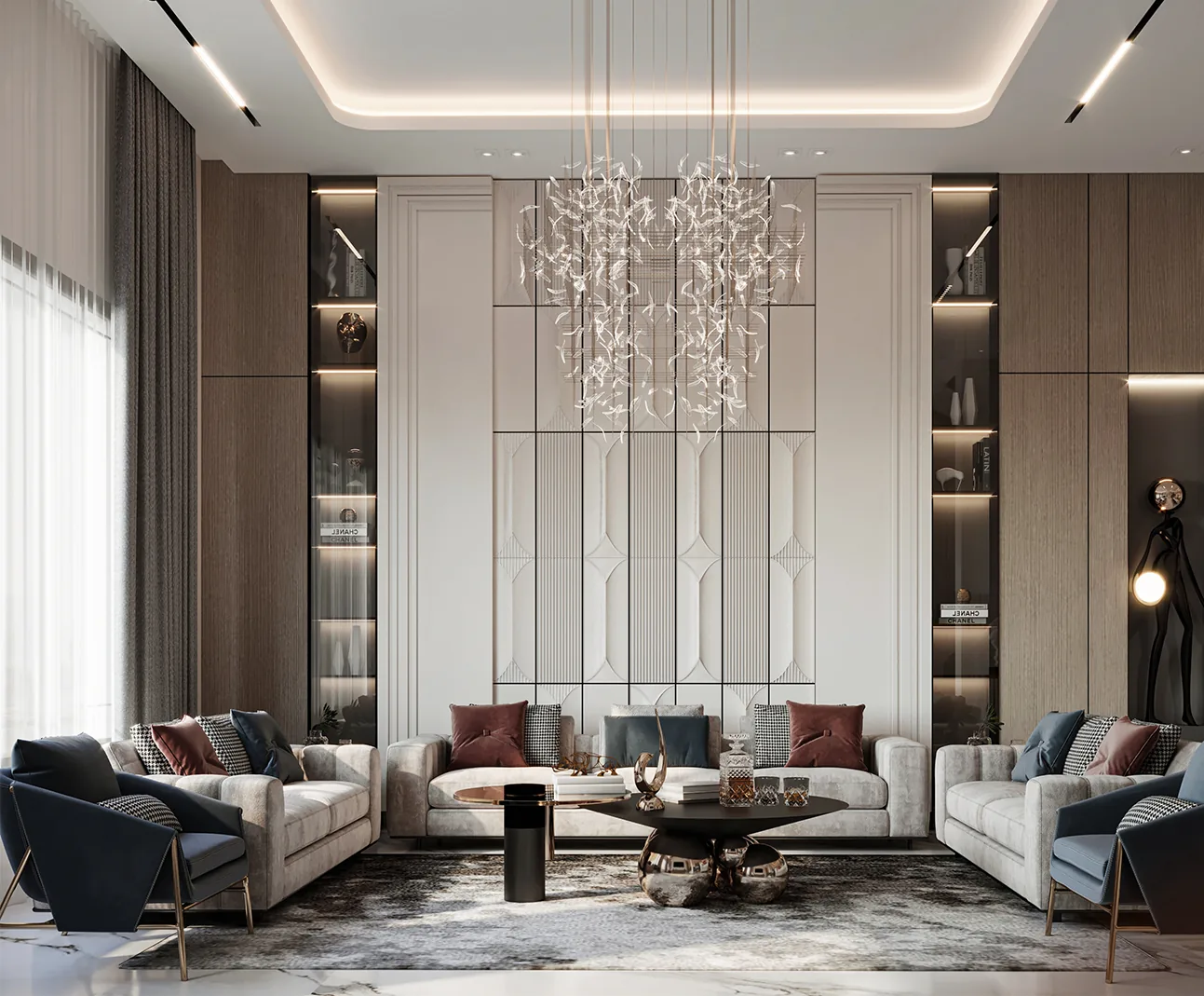 Double-height reception with a cascading glass chandelier