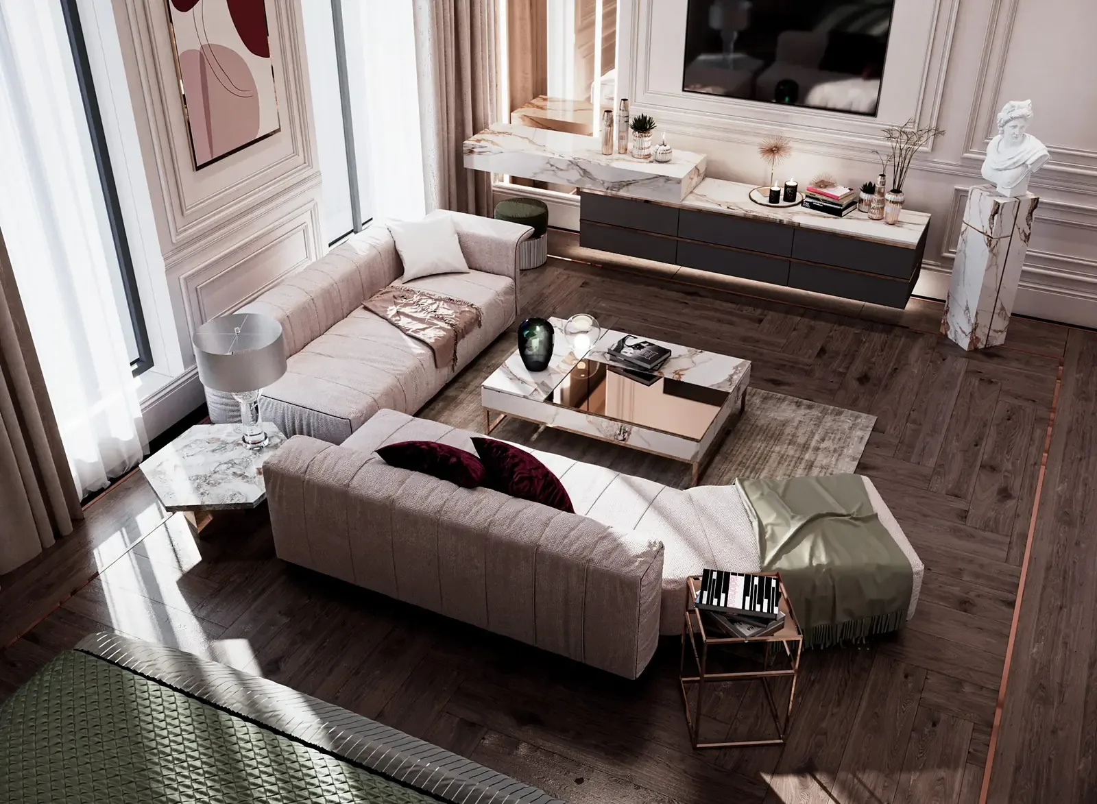 Living room with a sculptural sofa and timber floor