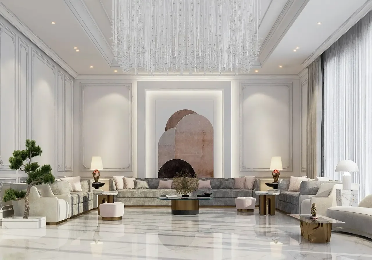 Reception hall with an arched niche and marble floor