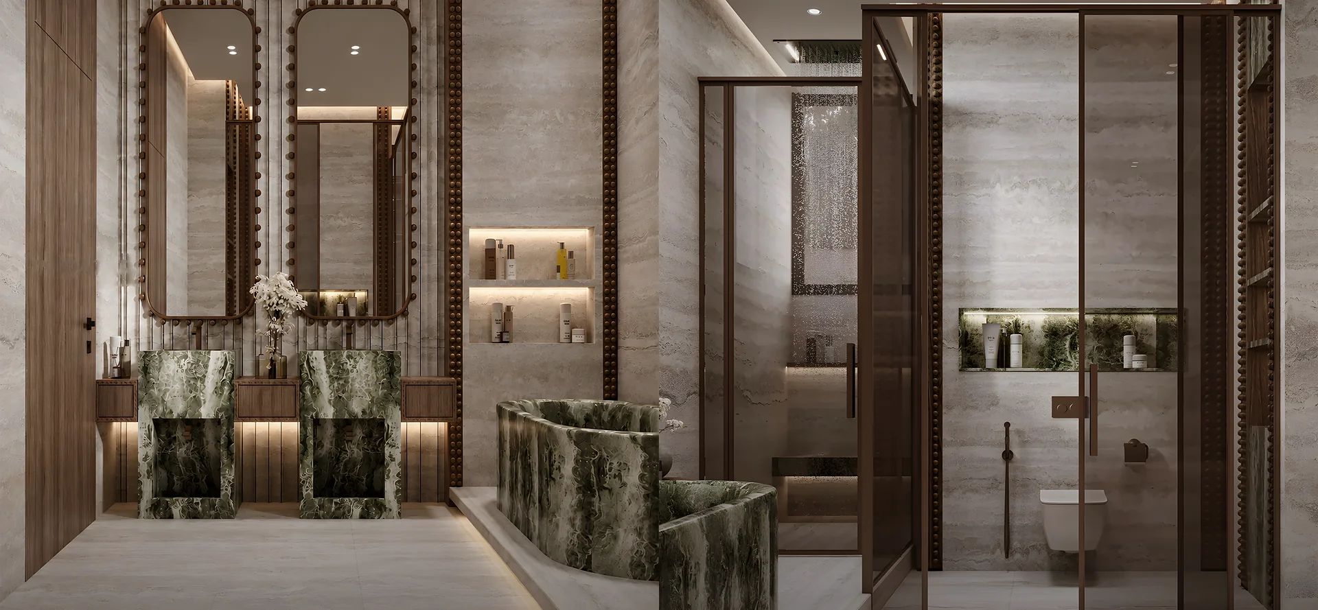 Bathroom with twin green-marble basins, travertine walls, a marble bathtub and a bronze-framed glass shower