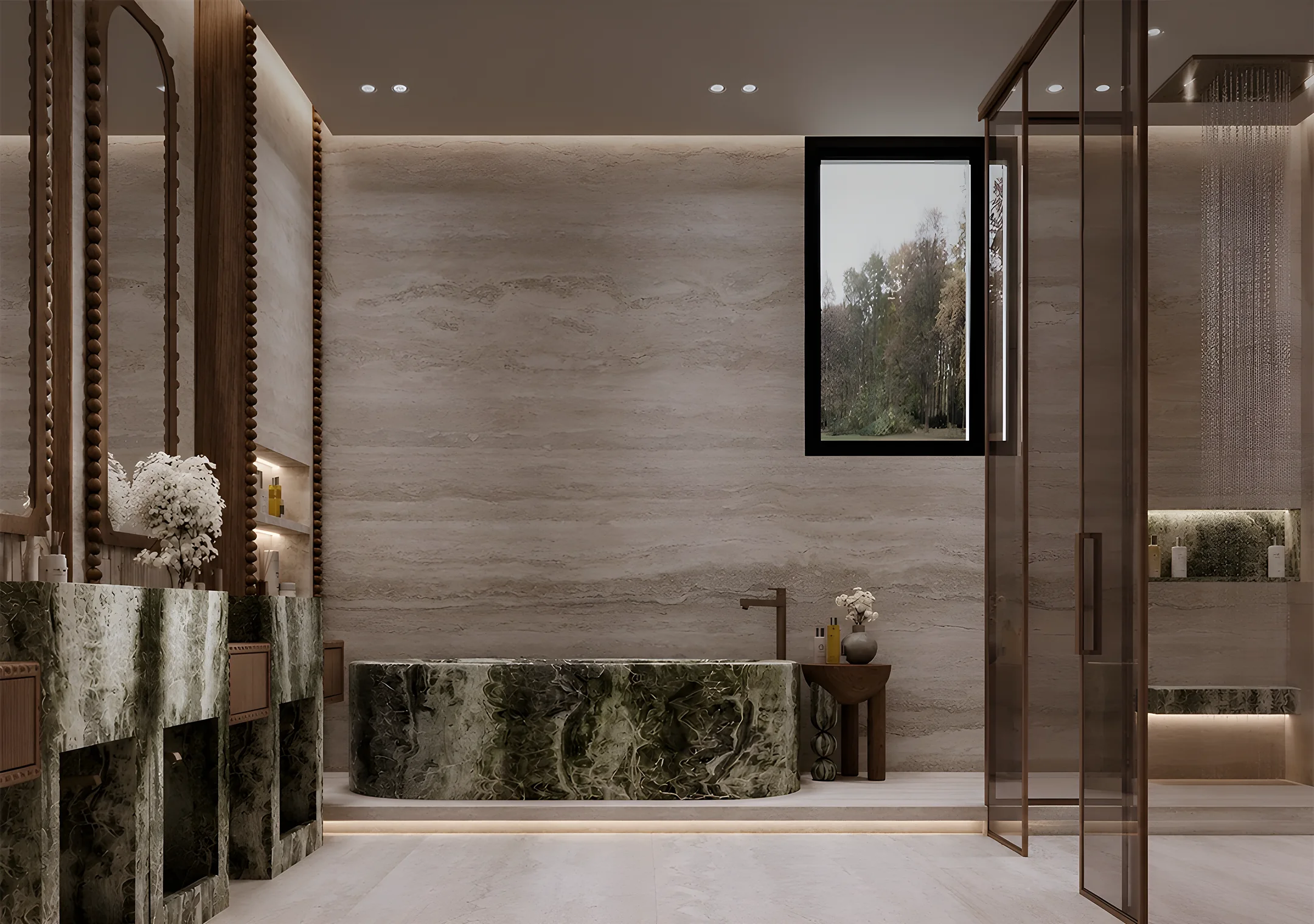 Marble bathtub beside a glass-framed shower under a skylight window